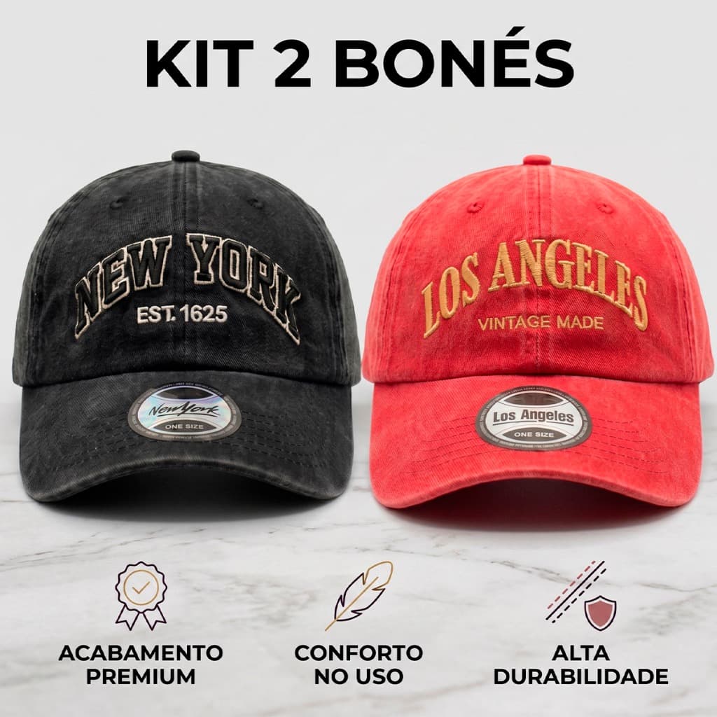 Kit 2 Boné New York Los Angeles Preto Vermelho Aba Curva Estonado Casual Urbano Premium Dia a Dia