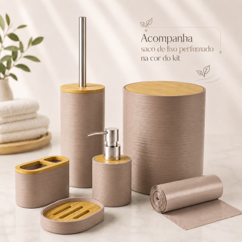 Kit Banheiro Organizador Lavabo Completo Lixeira Tampa Bambu Dispenser Porta Sabonete Saboneteira