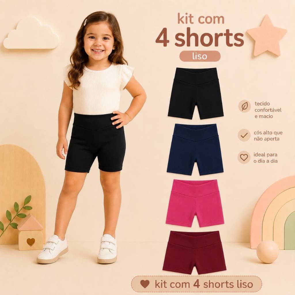 Kit com 4 Shorts Infantil Confortável Estilo Bermudinha Suplex Liso