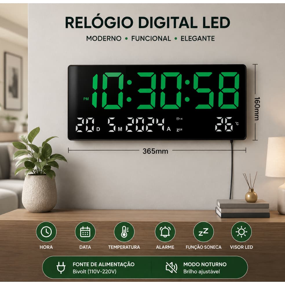 Relógio Digital de Parede LED Grande com Hora Data Temperatura e Alarme 36,5cm