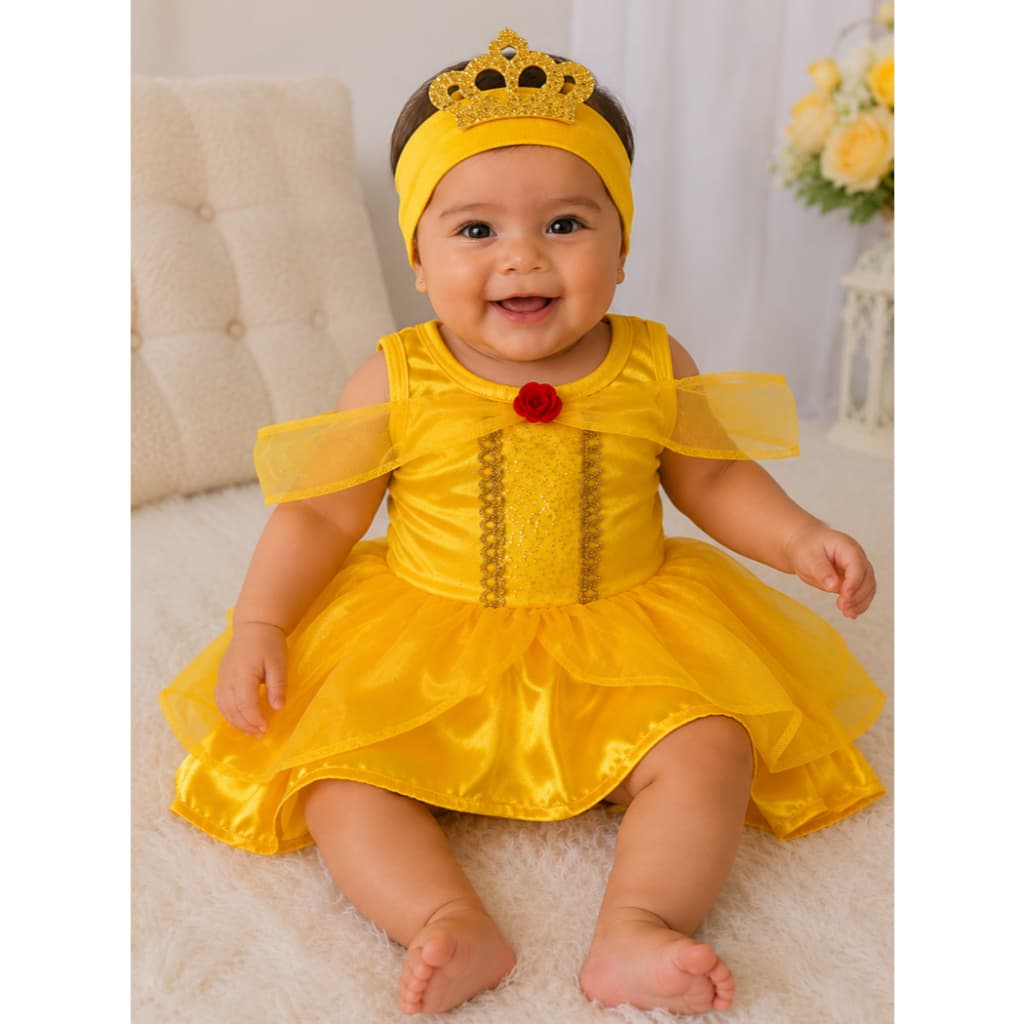 Fantasia Infantil Princesa Bela e a Fera Com faixa Coroa Roupa Body Bebe