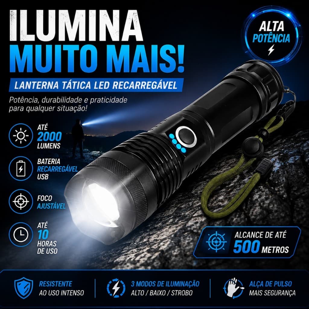Lanterna Tática LED Recarregável USB 2000 Lumens Foco Ajustável Alumínio Portátil com Alça