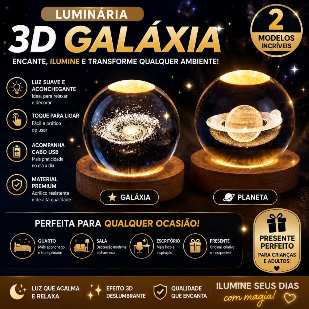 Luminaria Mesa 3D Bola Cristal Tema Galaxia Luz LED USB Brilhante Decoracao