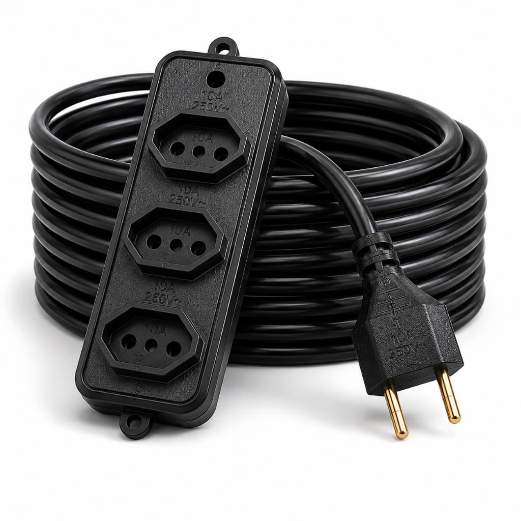 Extensão Elétrica 30 Metros Cabo PP Reforçado 3 Tomadas 10A/20A Bivolt Preta Multiuso
