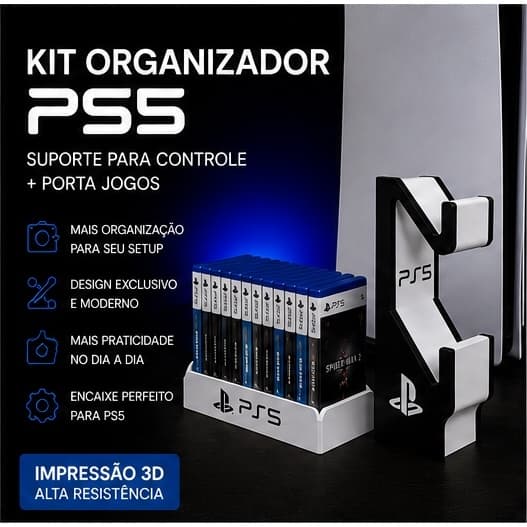 Kit Organizador PS5 Porta Jogos + Suporte Controle DualSense | Base Setup Gamer PlayStation 5
