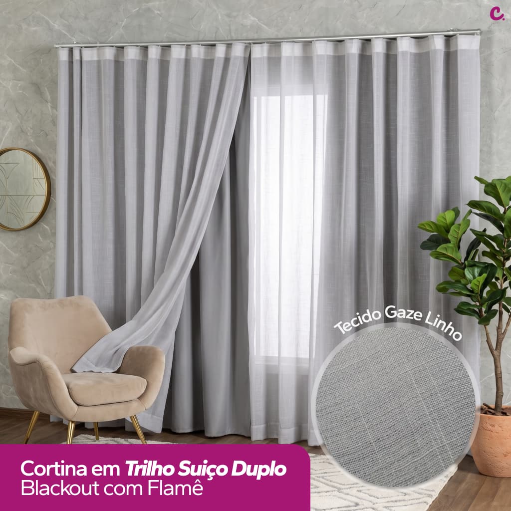 Cortina Trilho Suíço Duplo Voil Linho + Forro Blackout 5,00 x 2,30/2,40/2,50/2,60/2,70/2,80 Alto Padrão