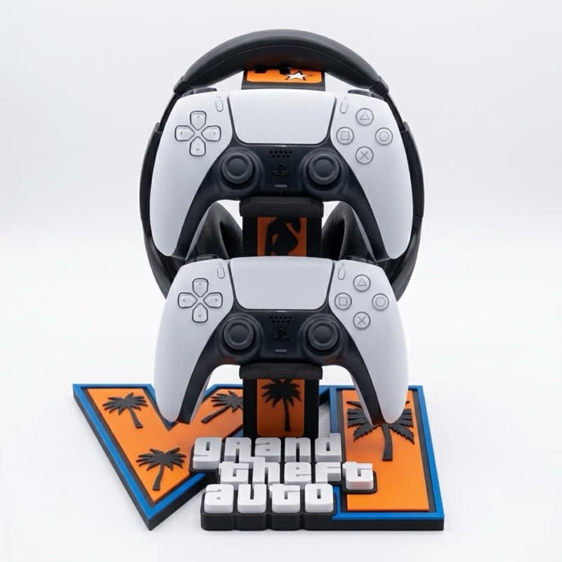 ⁠Suporte Duplo Para Controle PS5 e Xbox com Porta Headset - Tema GTA VI / GTA 6
