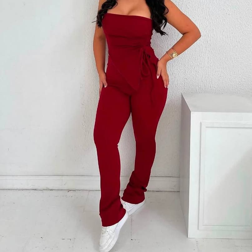 Kit Cropped e Calça Canelado Tomara que Caia Franzido Calça Flare Conjunto Inverno Quente Elegante