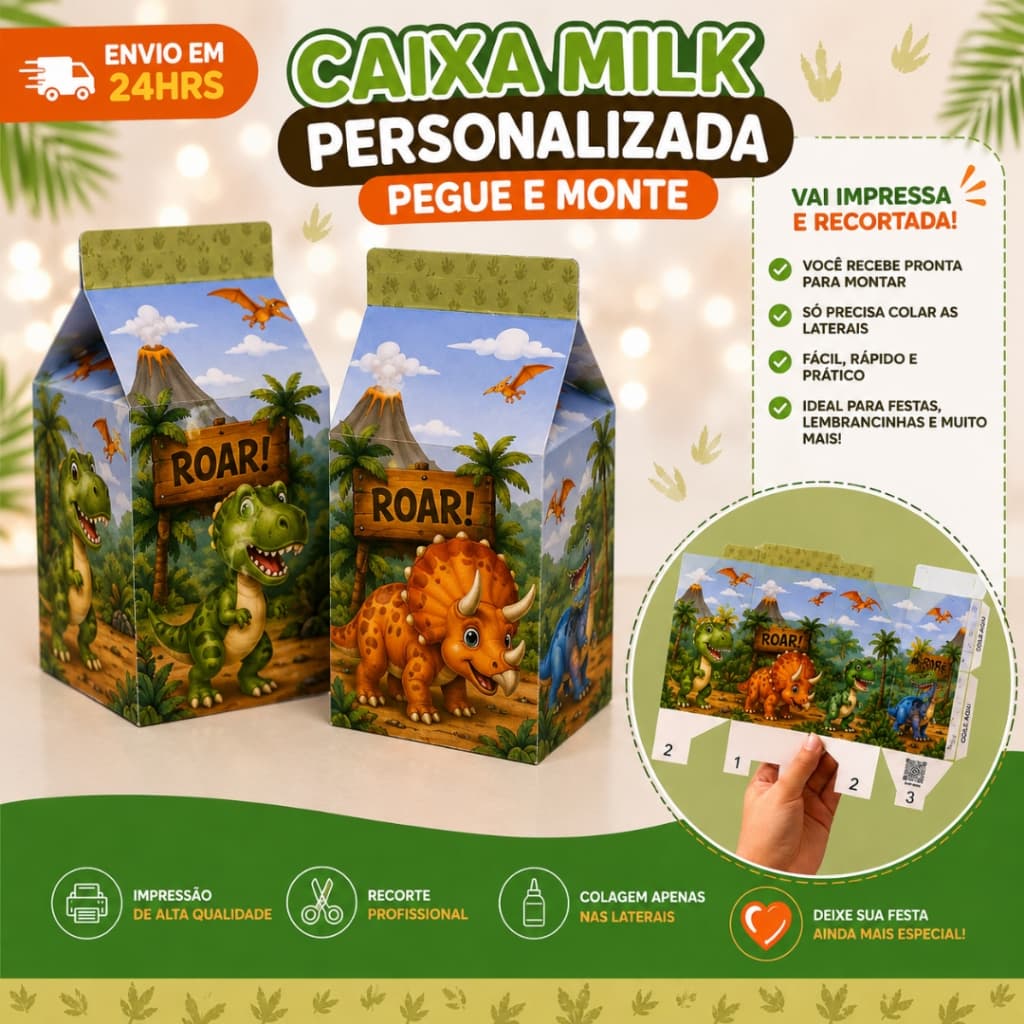 Kit 10 Caixa Milk Dinossauro Personalizados /Lembrancinha de Festa /Aniversário / PEGUE E MONTE