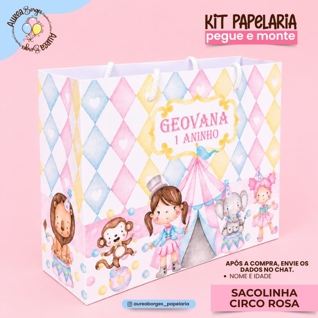 Sacolinha Personalizada Circo Rosa Papel Offset 180g 15x19,5x7cm Festa Infantil