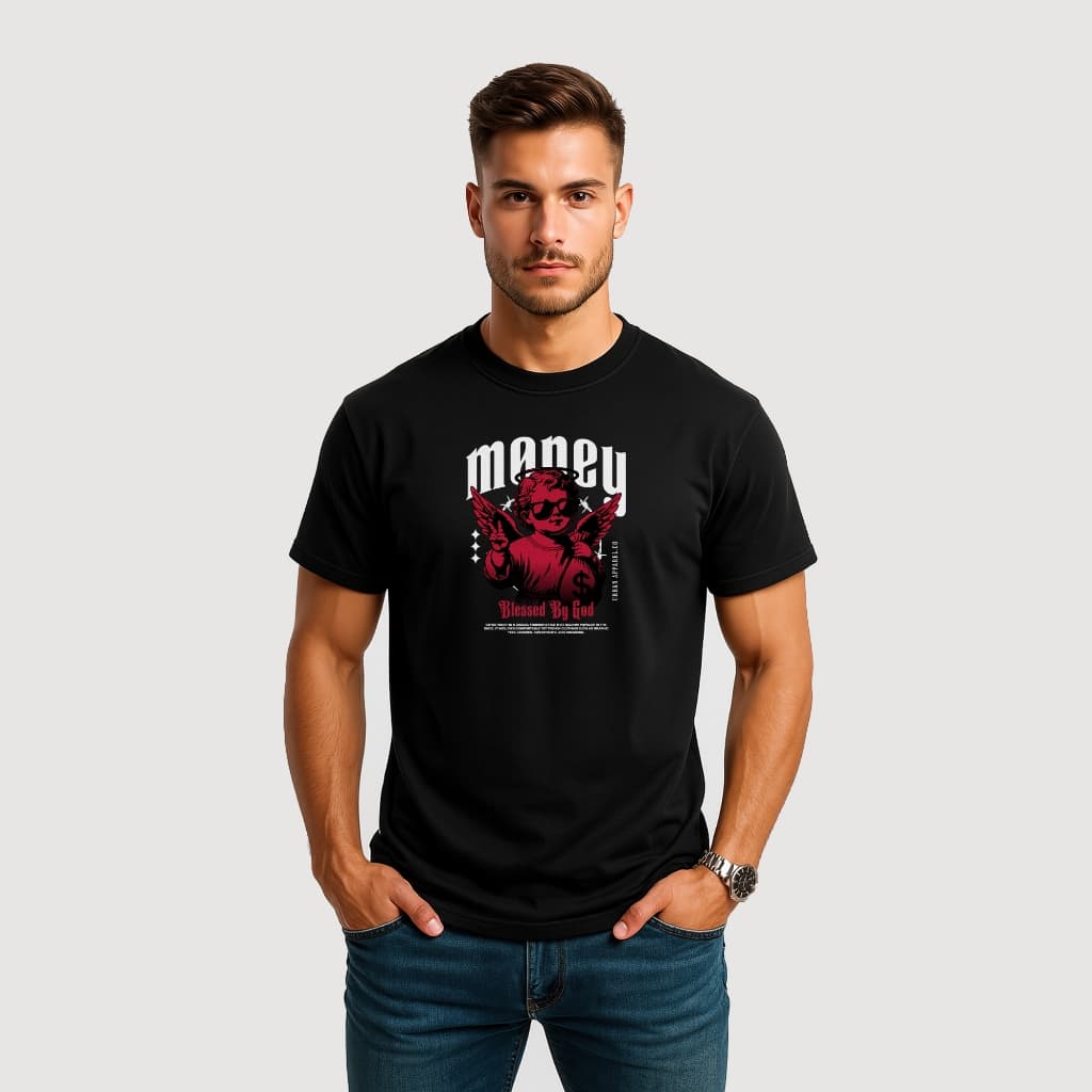 CAMISETA MASCULINA ALGODÃO ANJO OCULOS DINHEIRO VERMELHO ARTE