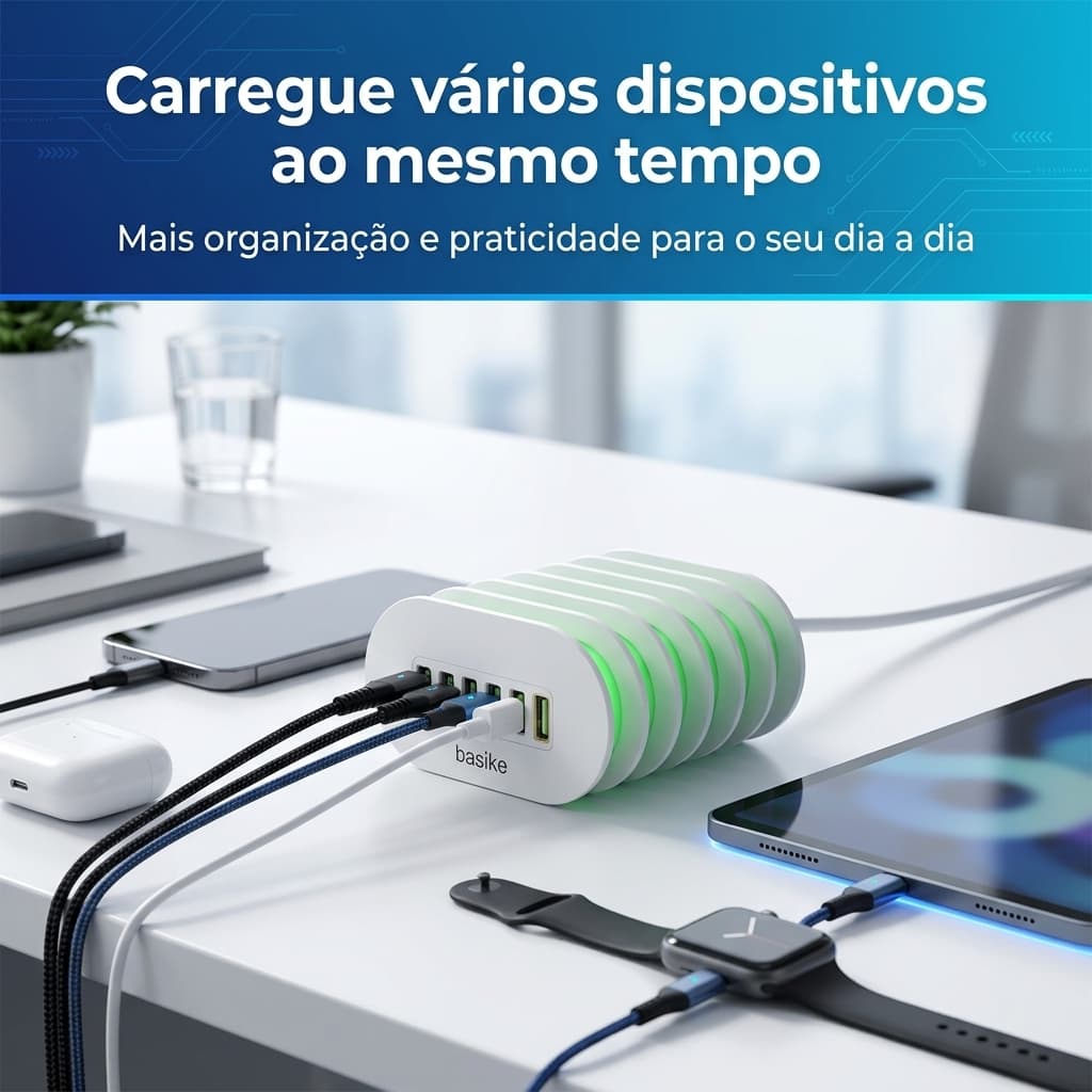 Carregador de Mesa para Celular Notebook Tablet iPad Airpod Smartwatch Apple Watch com 6 entradas Carregamento Turbo