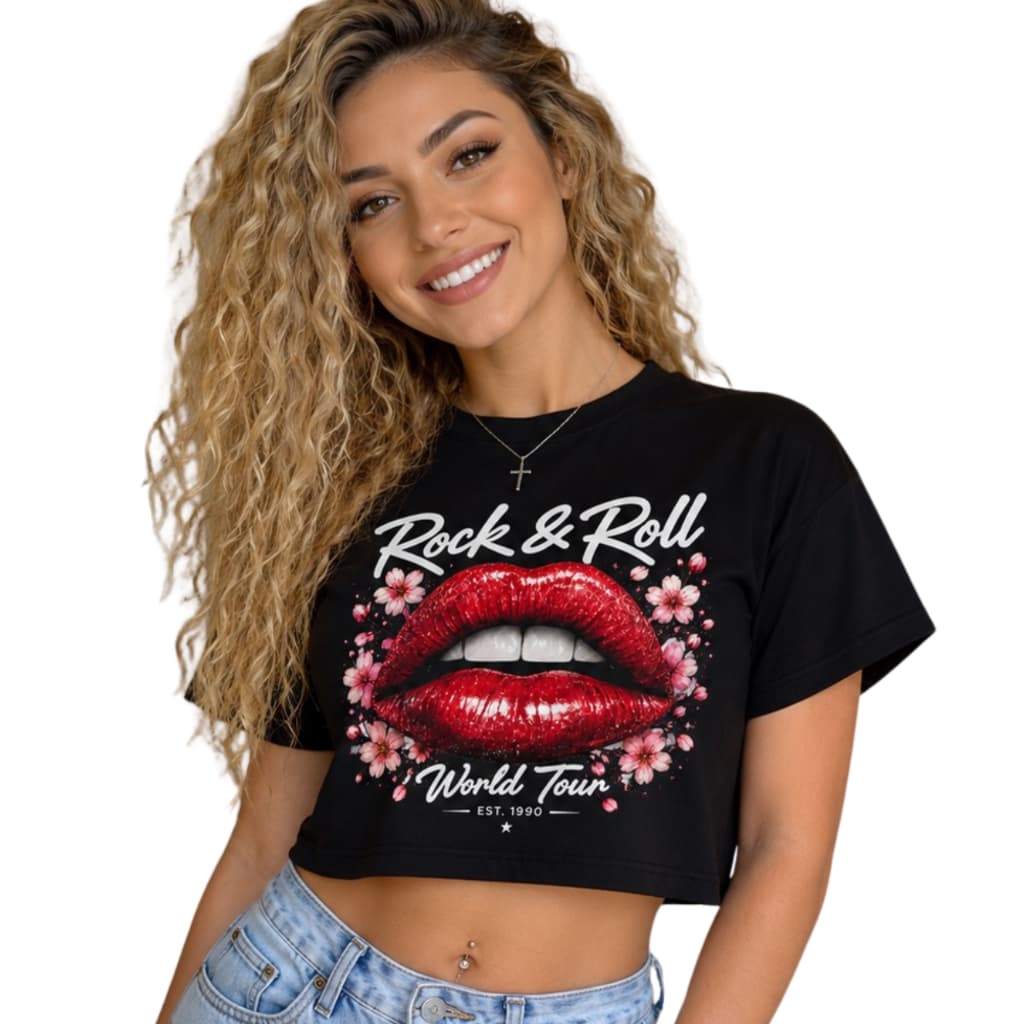 Cropped Feminino Estampa Rock & Roll Boca Vermelha Preto Moda Street Casual