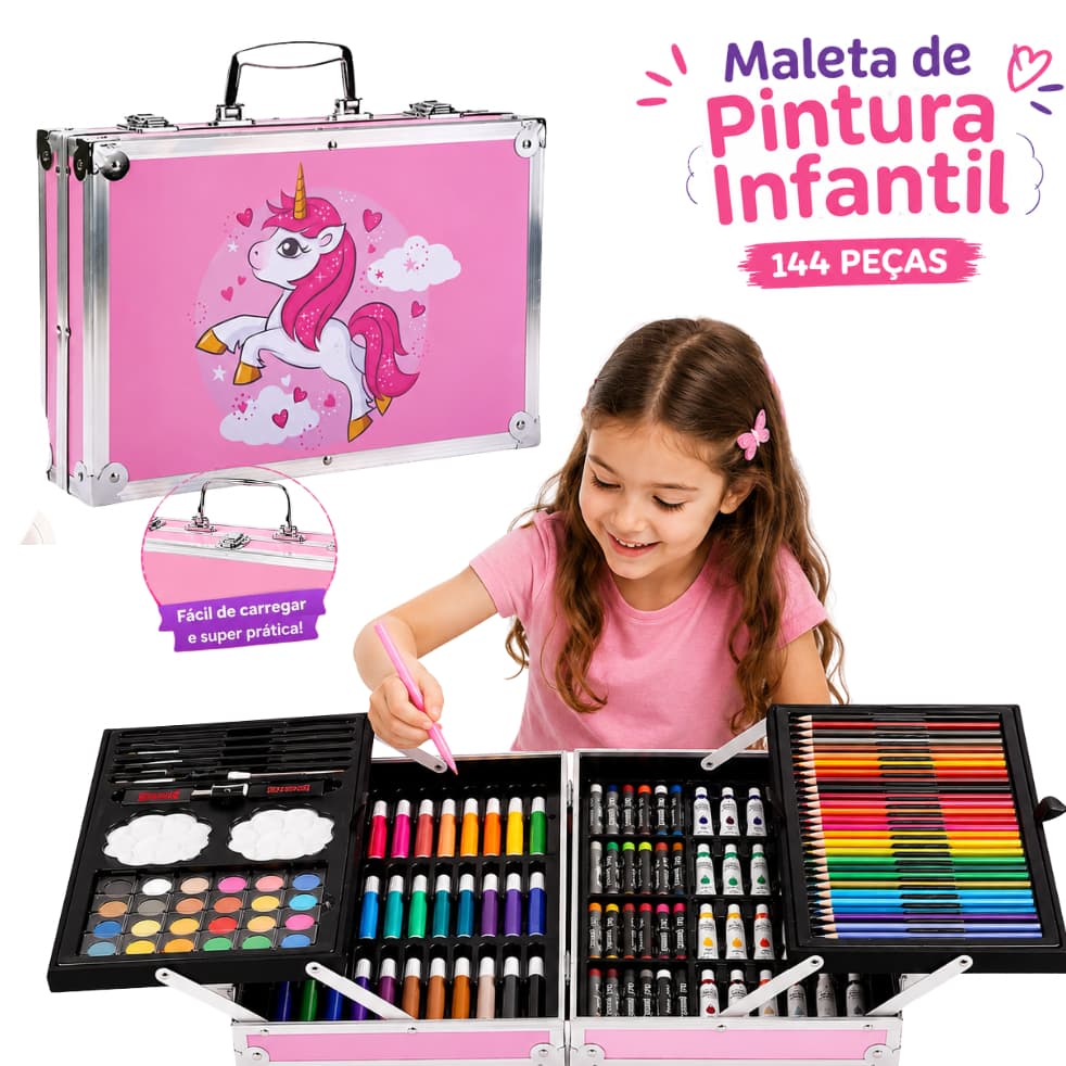 Maleta de Pintura 144 Peças Estojo Infantil Giz Lápis Canetinha Completo Menina e Menino
