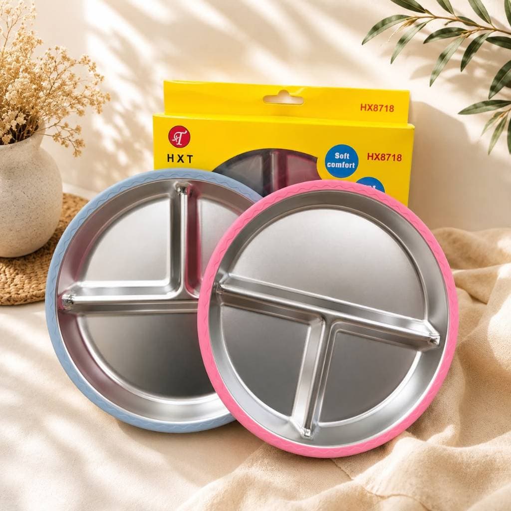 Prato Infantil Dividido Inox 304 com Borda de Silicone Antiderrapante 3 Divisórias para Bebês e Crianças 8718