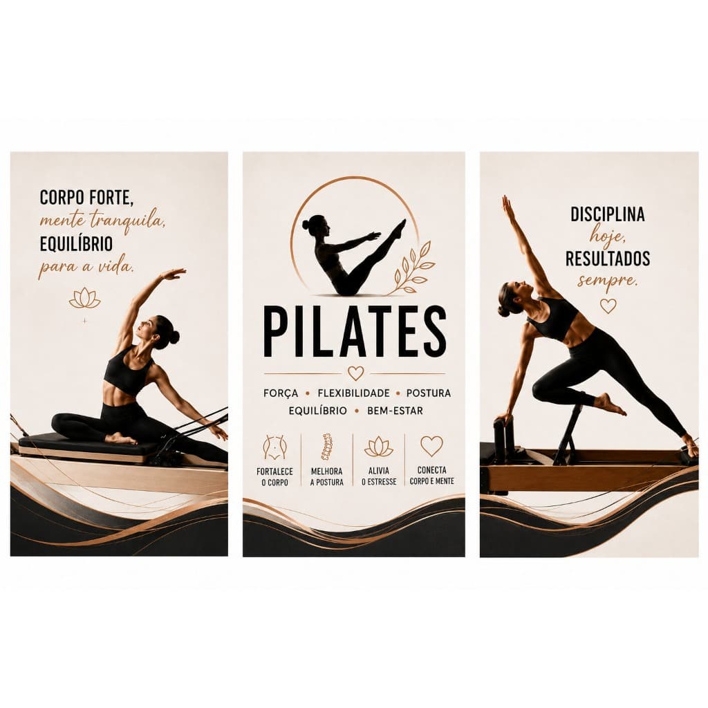 Quadros Decorativos Pilates Kit 3 Peças Academia Estúdio Fitness