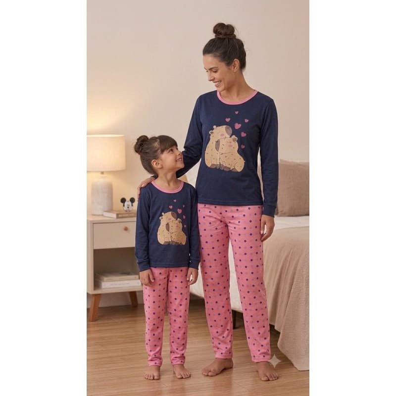 Pijama Longo Confortável Mãe e Filha Em Malha