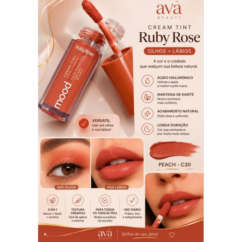 Cream Tint Mood Ruby Rose 3 em 1 – Lábios e Bochechas | Efeito Natural