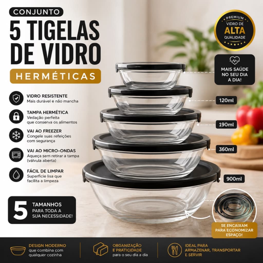 Conjunto Tigela Vidro Bowl Marmita Tampa 5 Peças Herméticos Cozinha Refeições