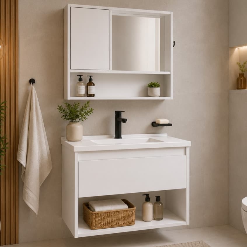 Kit Gabinete Suspenso para Banheiro Pequeno com Espelho | Design Moderno com Nichos