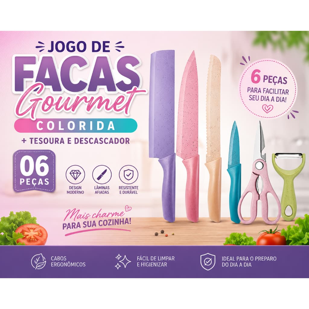 Jogo De Facas Gourmet Colorida + Tesoura E Descascador – 06 Peças