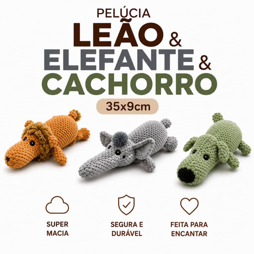 Pelúcia Pet Leão ou Elefante Mordedor para Cachorro Brinquedo Macio Resistente 35cm