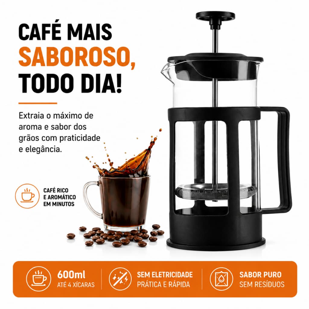 Cafeteira Prensa Francesa Capacidade 600 ml Filtro Inox Facil Uso Preta