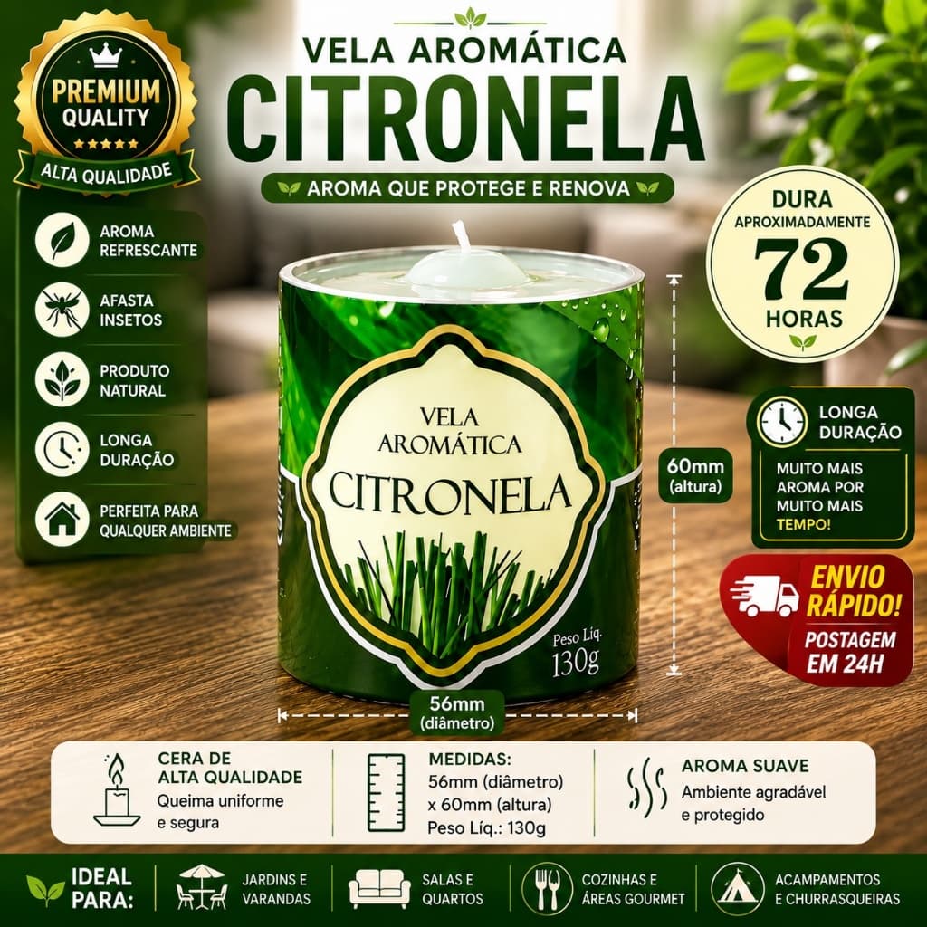 Vela Aromática Citronela 130g Até 72h Aroma Refrescante Decoração