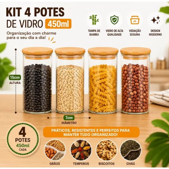 Kit 4 Potes De Vidro Hermético Tampa Bambu Mantimento 450ml