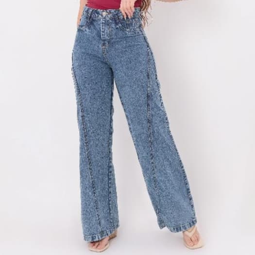 Calça Wide Leg Jeans Feminina Cintura Alta Detalhada Estilosa Diferente