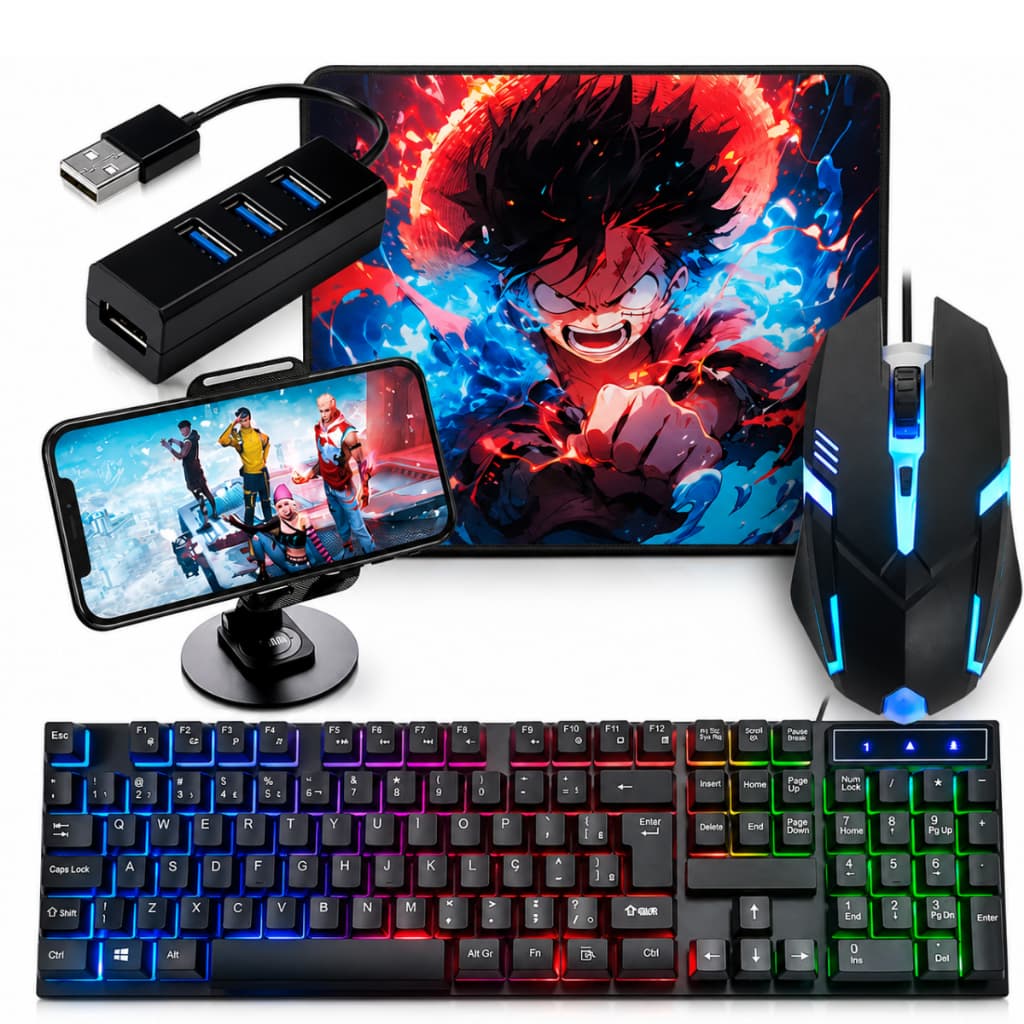 Kit Gamer 5 em 1 Teclado Gamer RGB Mouse LED Mouse Pad Hub USB 3.0 Suporte Smartphone