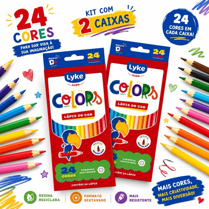 2 Caixas Lapis de Cor,Lapis de Colorir, 24 Cores Cada Caixa-Sextavado