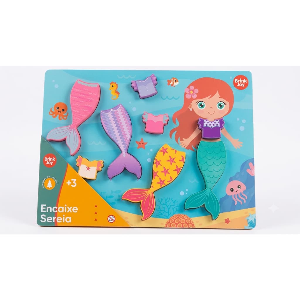 Brinquedo de Madeira Educativo Encaixe Sereia Montessori Menina Peças removíveis para troca de roupas e caudas da sereia
