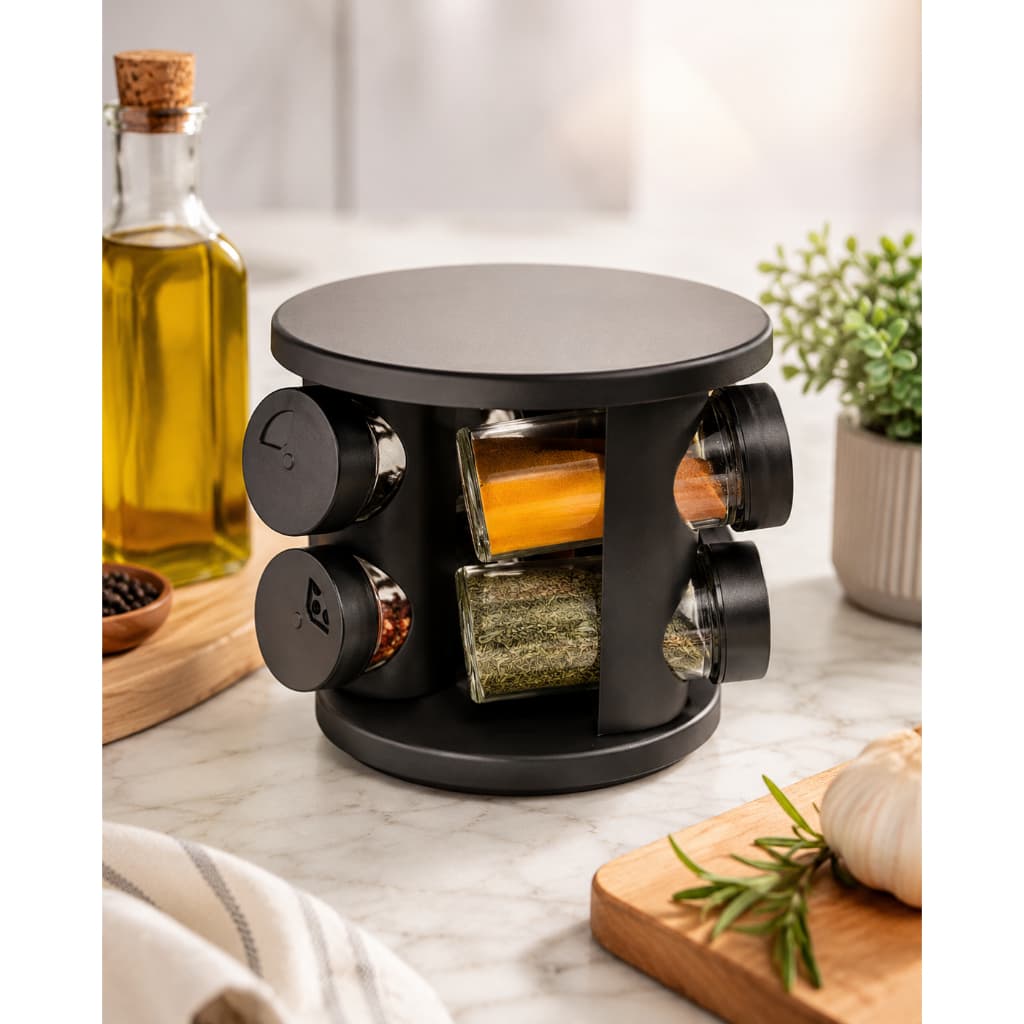 Porta Condimentos Giratório 360° 6 Potes de Vidro Organizador para Cozinha Preto