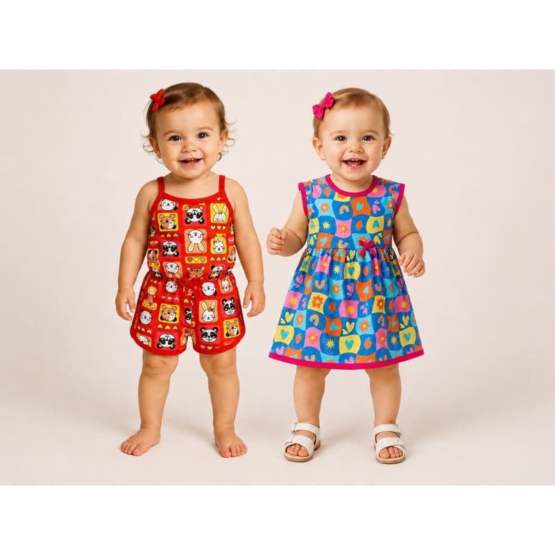 Kit Bebê Infantil com 1 Vestido + 1 Macacão Estampado Menina
