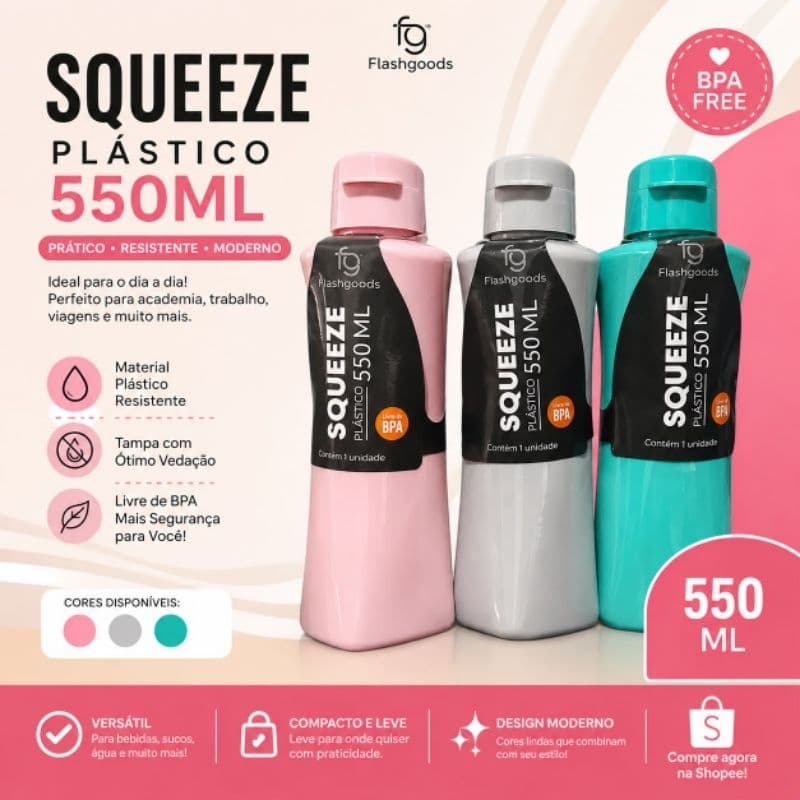 Squeeze 550ml Garrafa de Água Esportiva Livre de BPA para Academia Corrida Escola