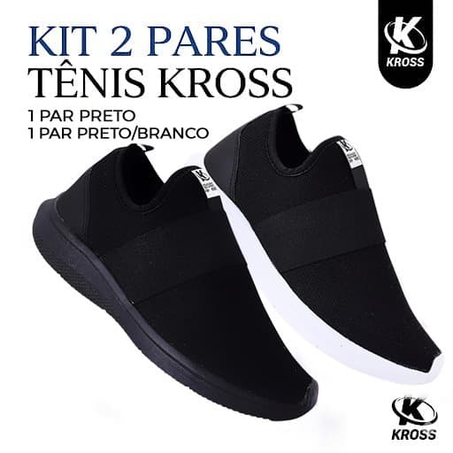 Kit 2 Pares Tênis Kross Preto Meia Feminino Slip On Super Confortável Leve Casual Academia Caminhada