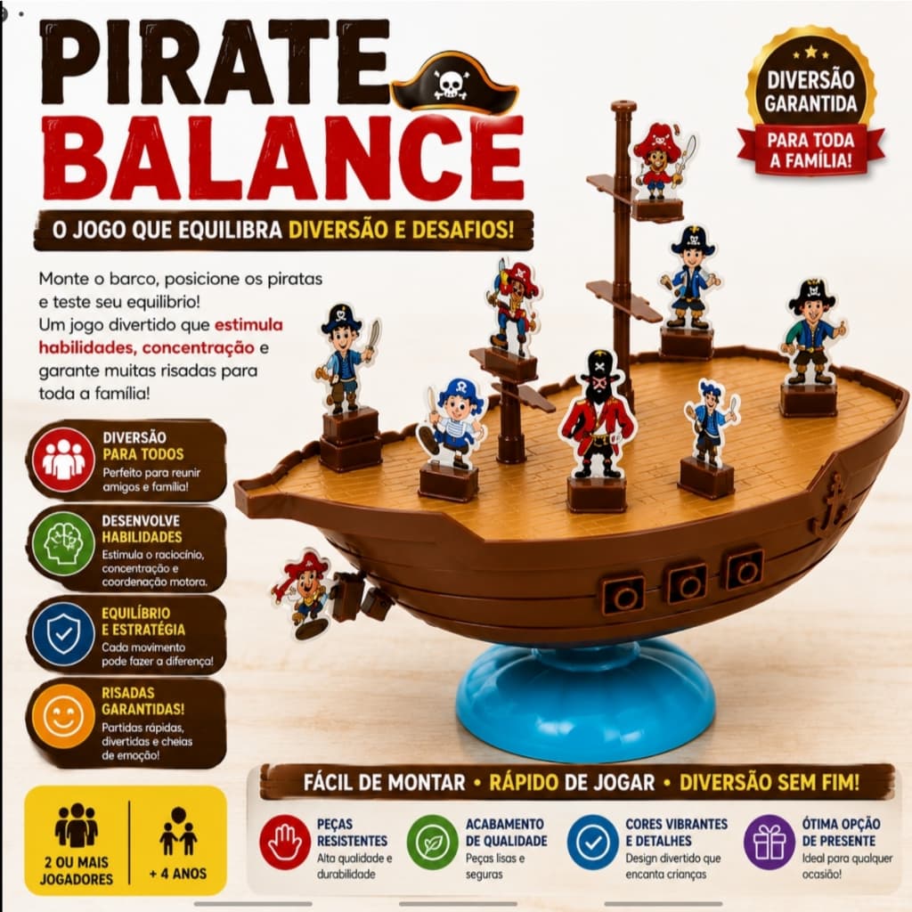 Jogo Não Derrube o Barco Pirata Pirate Balance™ Infantil Equilíbrio Diversão Família +3 Anos