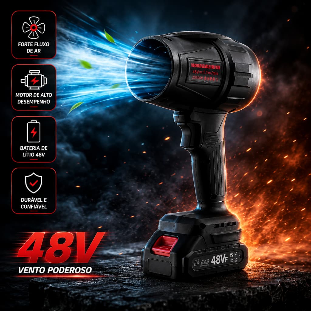 Soprador de Folhas Turbo 48V Alta Potência Motor Cobre Puro, Kit com Duas Baterias + Carregador Bivolt + Maleta