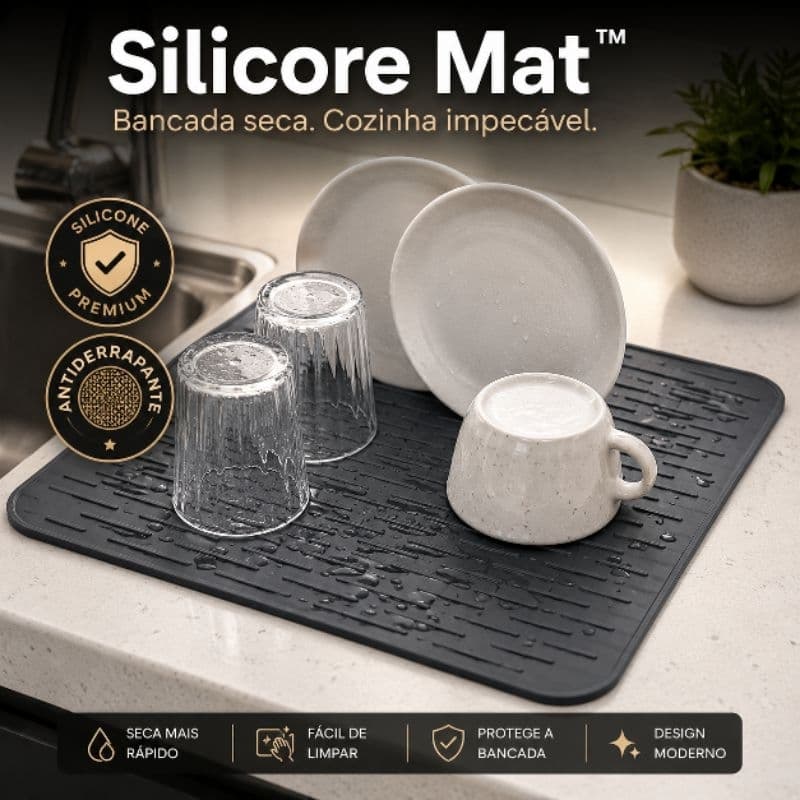 Tapete Escorredor de Louça Silicone Antiderrapante 30x40cm Secagem Rápida Bancada Cozinha Silicore Mat™
