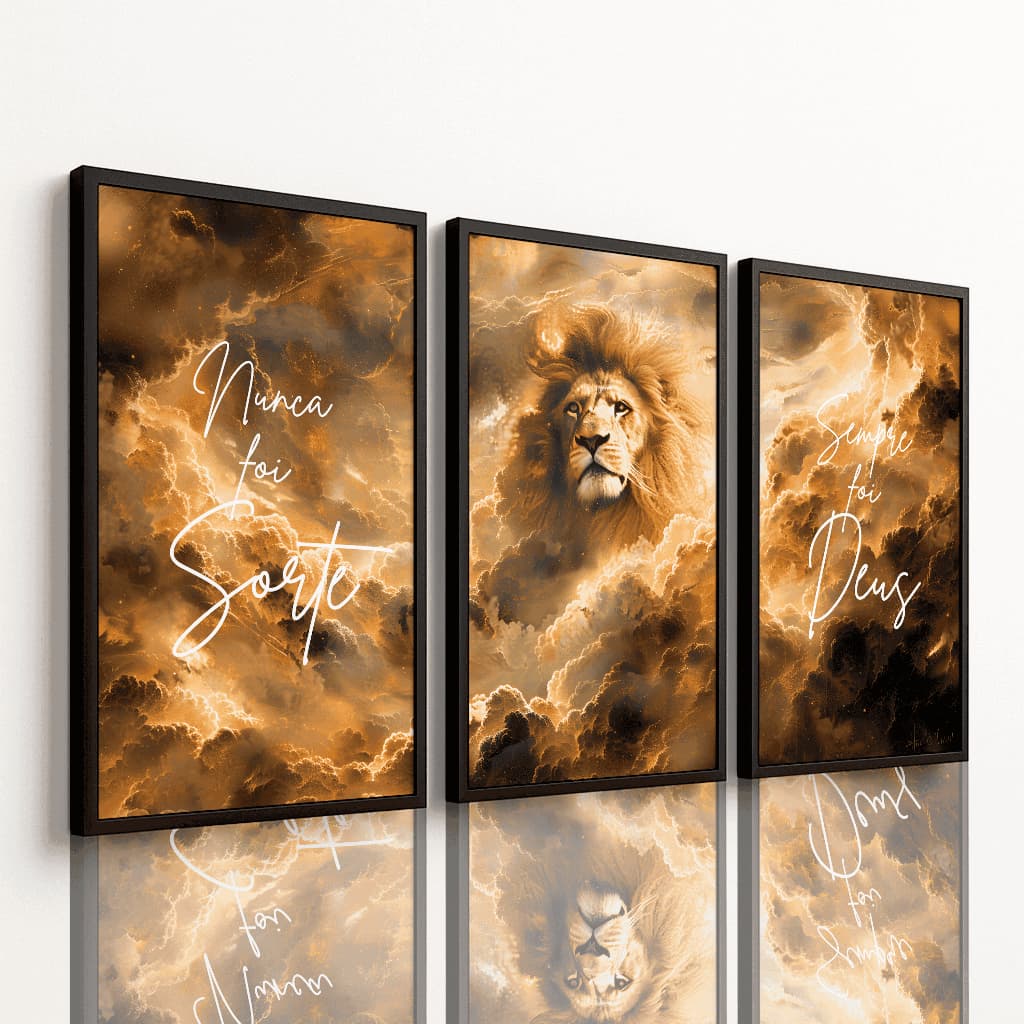 Kit 3 Quadros Nunca Foi Sorte Sempre Foi Deus Leão de Judá Decorativo Religioso Premium