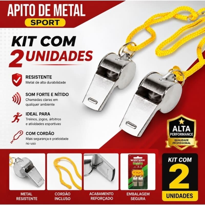 Kit 2 Apitos de Juiz Metal com Cordão Amarelo Esportivo Profissional futebol volei basquete futsal
