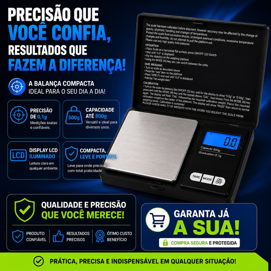 Mini Balança Digital 500g 0,1g Alta Precisão LCD Portátil Para Joias Café Temperos Suplementos