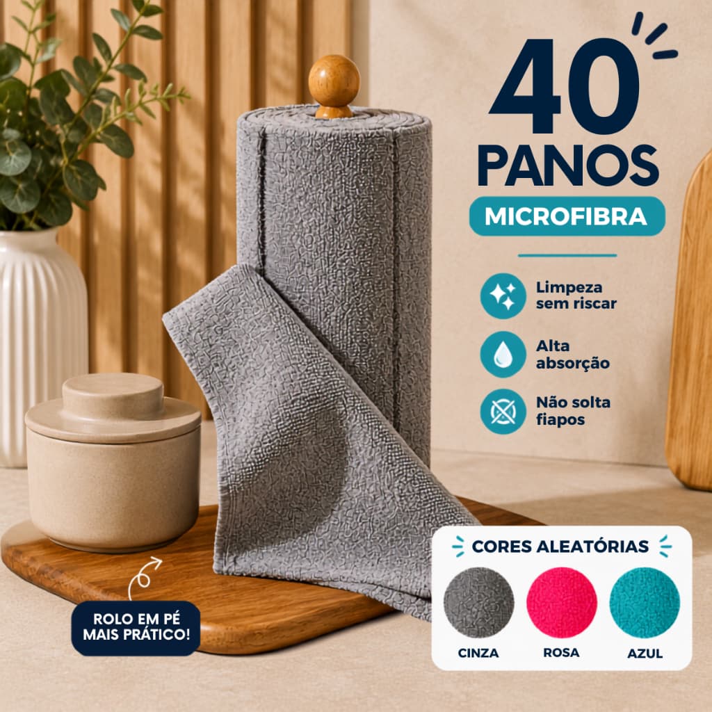 Rolo de Panos de Microfibra 25x25cm Multiuso para Limpeza Automotiva Cozinha Banheiro Cores Sortidas