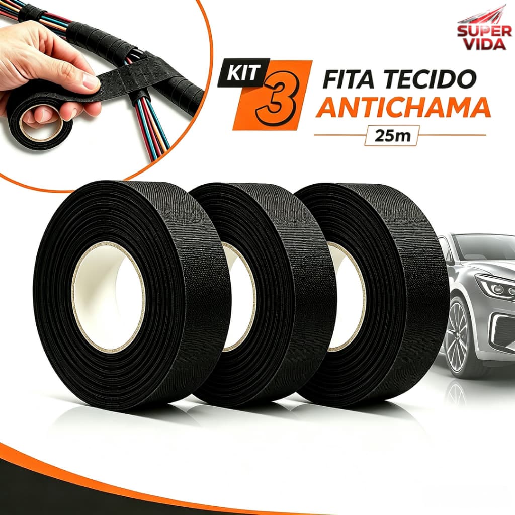 Kit 3 Fita Isolante Tecido Lonada Antichama 30M Para Chicote Automotivo Fios e Cabos