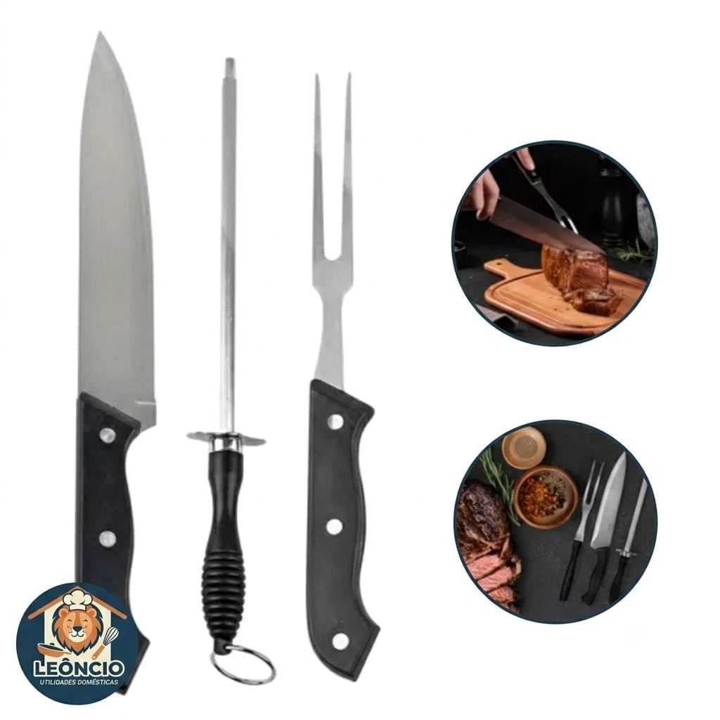 Kit Churrasco Inox 3 Peças - Faca de Chef, Garfo Trinchante e Chaira Amolador