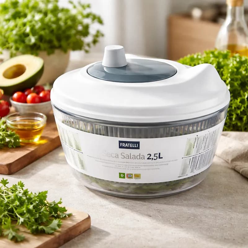 Seca Salada 2,5L Centrífuga de Folhas Verduras Alface Ervas Bowl para Lavar Secar e Servir