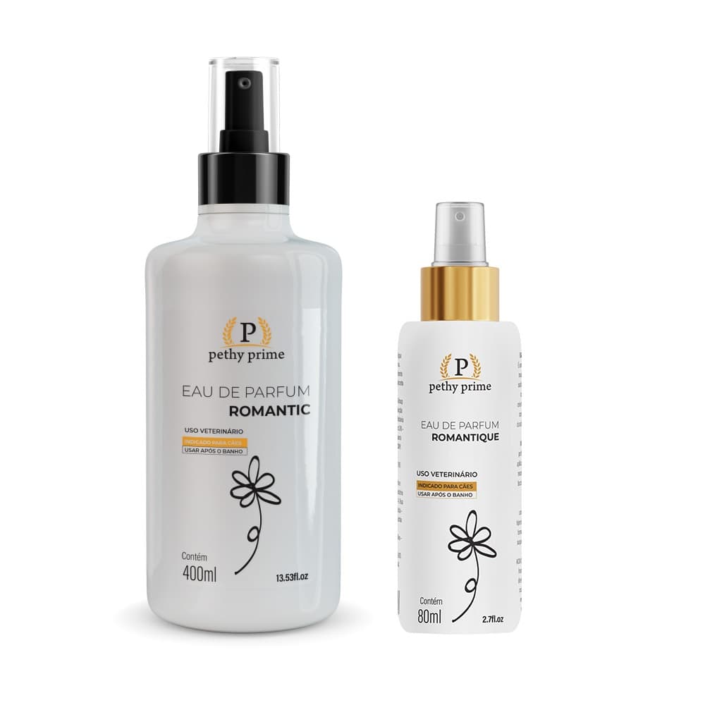 Eau de Parfum Romantique Pethy Prime 80ml ou 400ml | Perfume Pet Floral e Frutado para Cães e Gatos