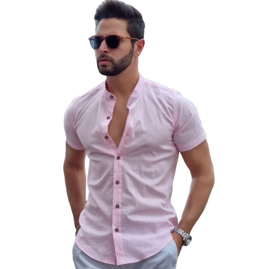 Camisa Social Gola Padre Rosa Manga Curta De Linho