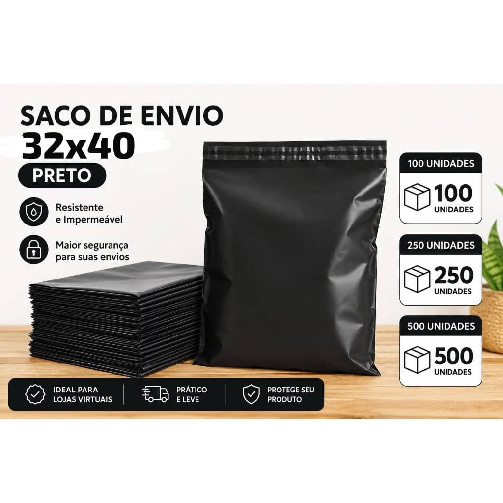 Saquinho de Envio Preto 32x40 cm – 100, 250 ou 500 Unidades